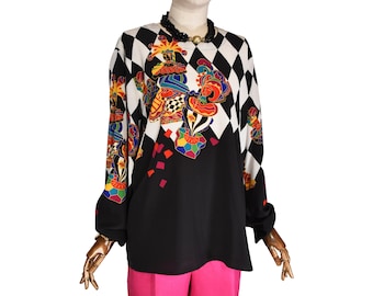90s Louis Feraud Vintage Blouse: Harlequin Diamond Print, L/XL