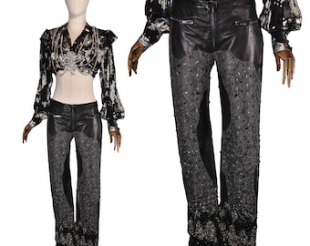 Fashion-forward Leather Redemption Pants with Sequin and Lace Accents - Trendy Women's Wear