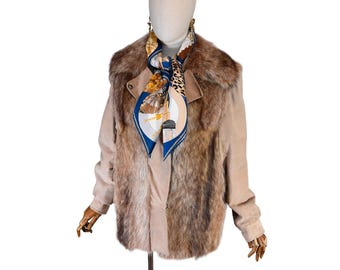 Chaqueta de ante vintage de Yves Saint Laurent, años 80: cuello de piel, talla XL