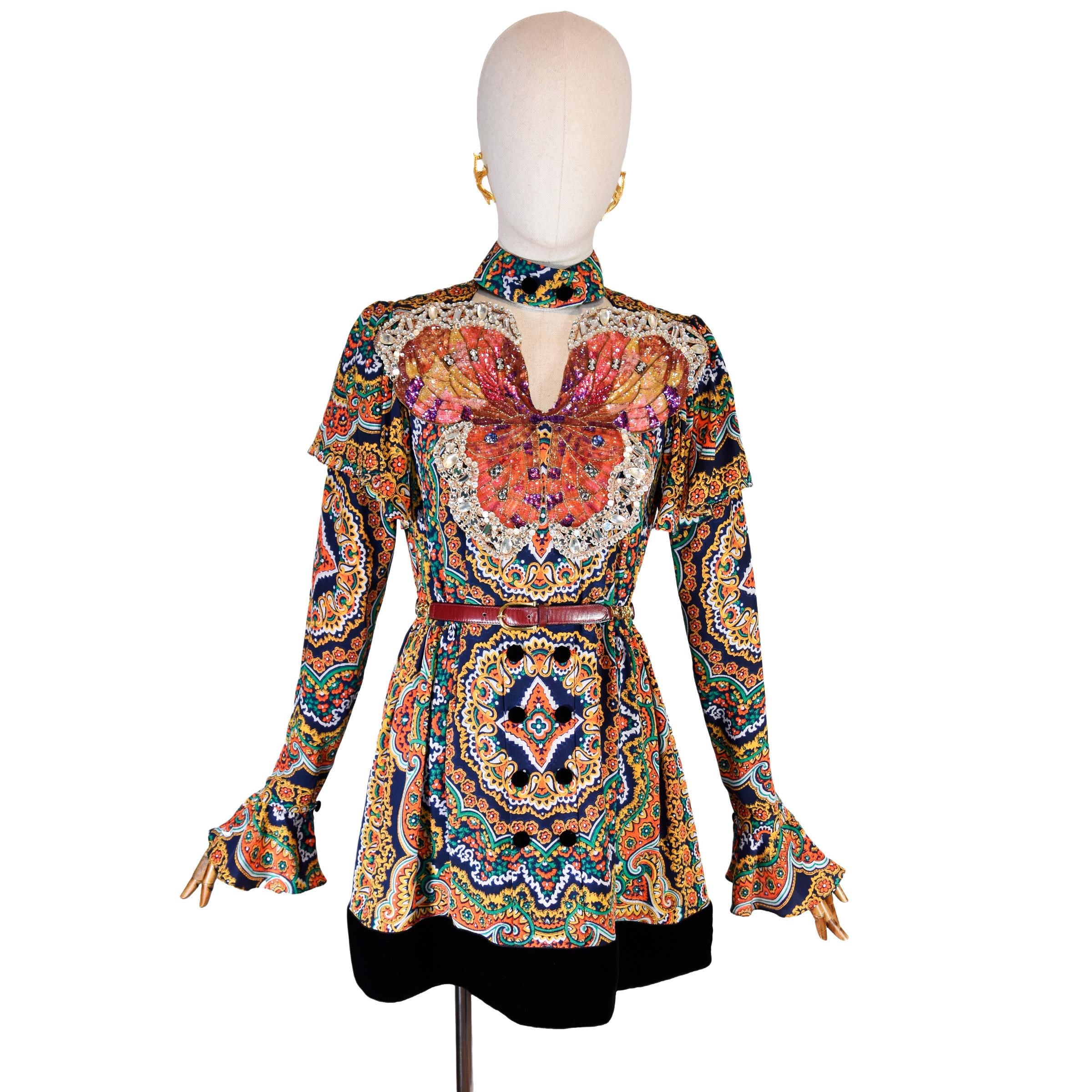 gucci beaded dress Vintage Silk Mini Dress, Folk Print, Butterfly, Bohemian quiz_shape_hourglass Feners Solita Mini Dress Size:M - 8/10 25% silk