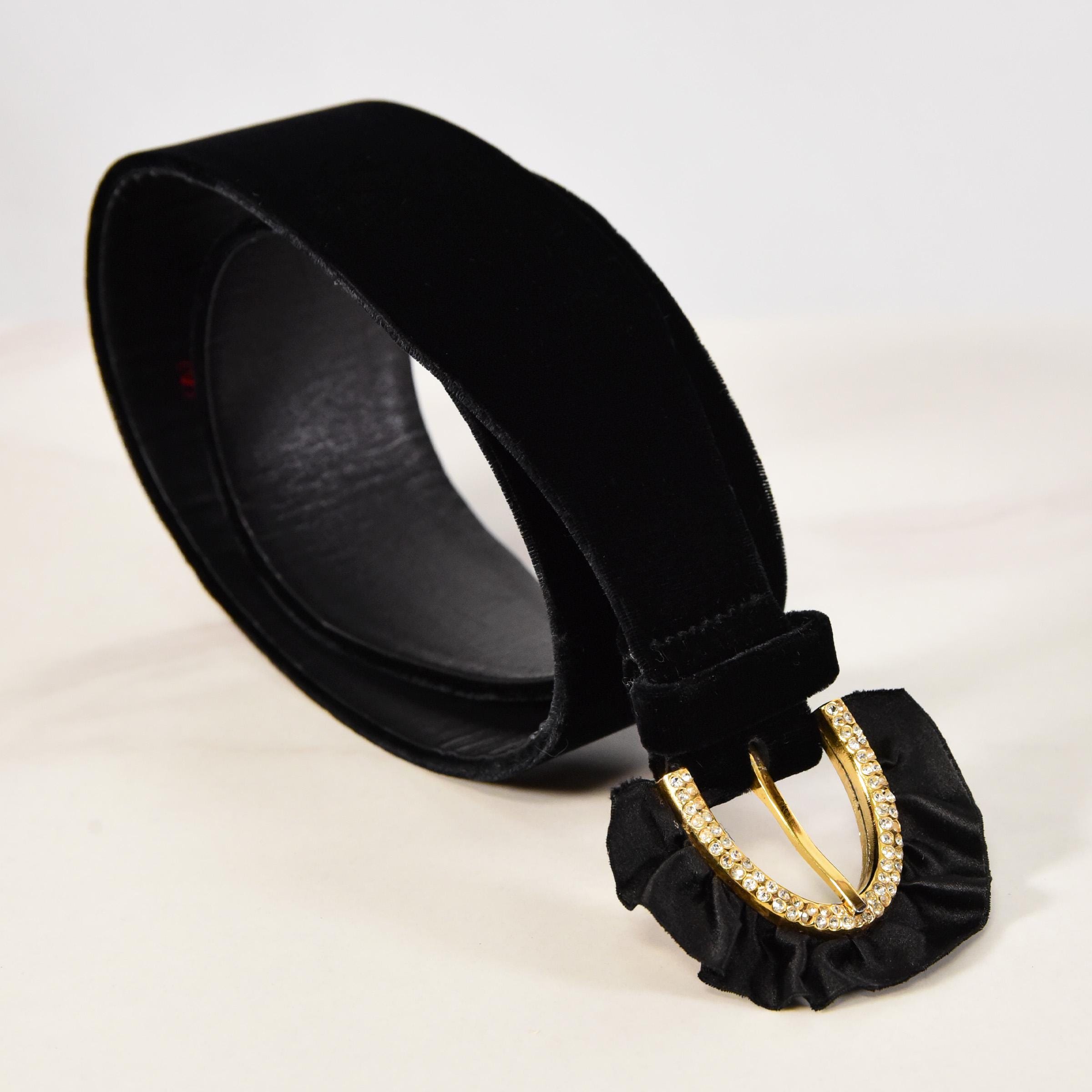 Vintage Valentino Italy XS black velvet belt leather rhinestone buckle cocktail Rhinestone Velvet Belts for Women for sale | eBay main image 3