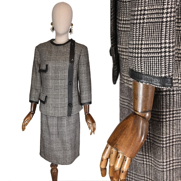 VINTAGE Costume italien en laine, 60s tailleur pied de poule avec détails en cuir, élégant ensemble jupe et veste, vintage 1960s ensemble.