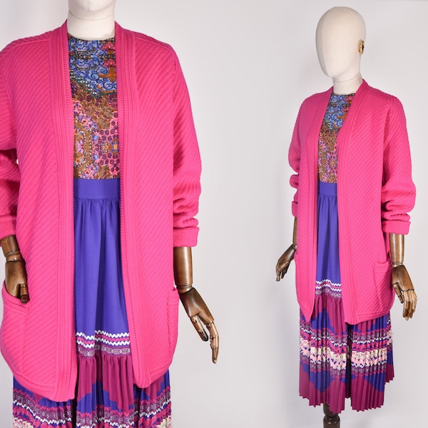 Cardigan Ungaro années 90, tricot rose fuchsia, veste en laine vintage, pull chic à manches longues