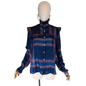 VINTAGE 80&#39;s blouse, navy blue and red plaid print blouse, ruffled turtleneck shirt, 80&#39;s retro blouse, size M.