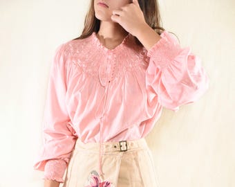Vintage 70s Pink Cotton Blouse, Smocked Puff Sleeves, Adjustable Neckline