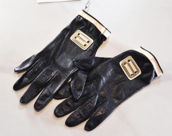 PIERRE CARDIN gloves,  vintage 60s leather gloves, navy blue mod gloves with white patent trim metal details, collector item.