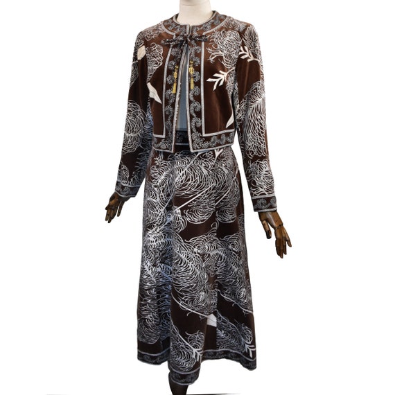 Emilio Pucci, Vintage 1970s Emilio Pucci Velvet Skirt Set, Brown & White Print