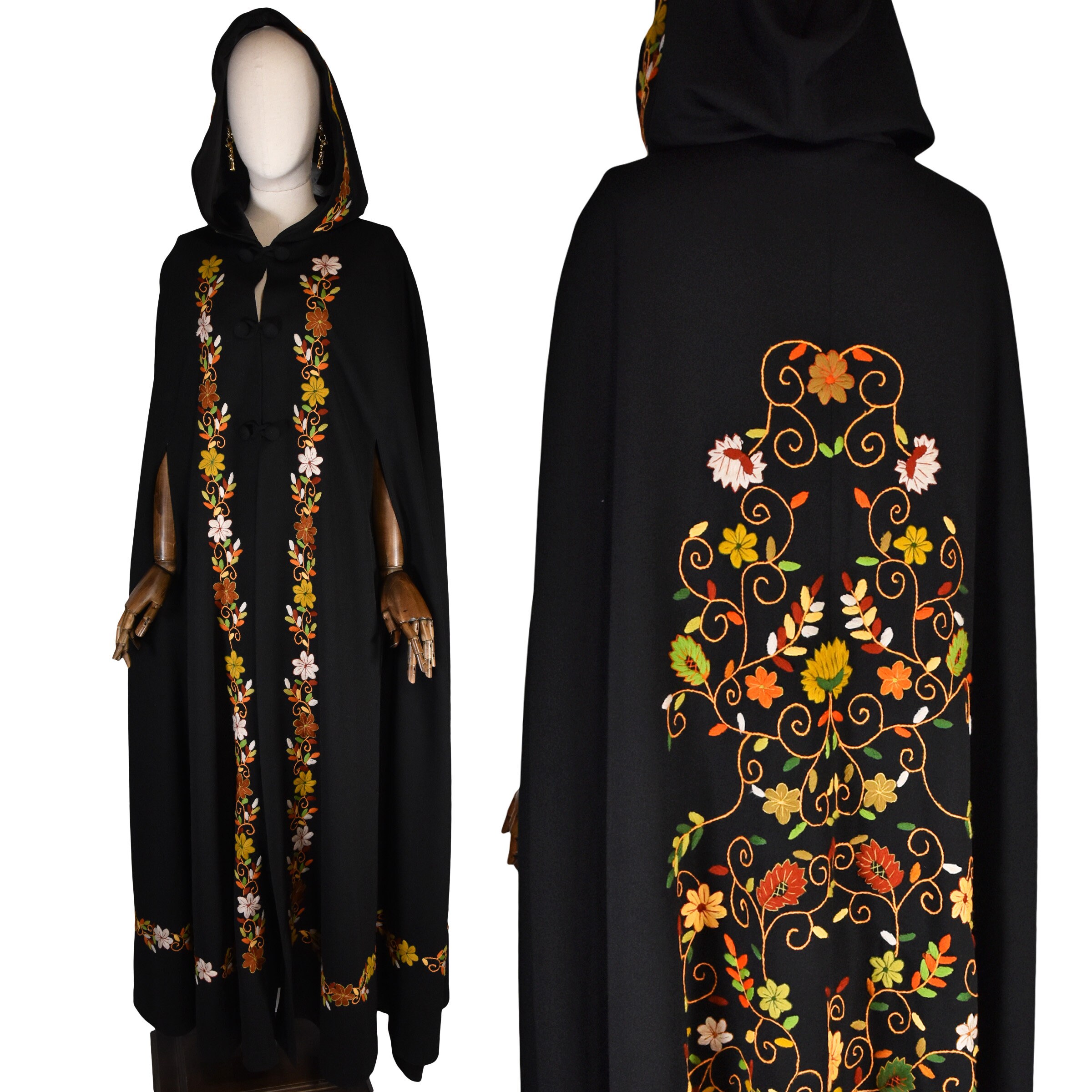 70s VINTAGE Embroidered Cape, Black Crepe Hooded Cape 70s VINTAGE Embroidered Cape, Black Crepe Hooded Cape