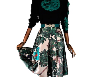 OSCAR de la RENTA silk and cotton printed skirt with bird embroidery, size M