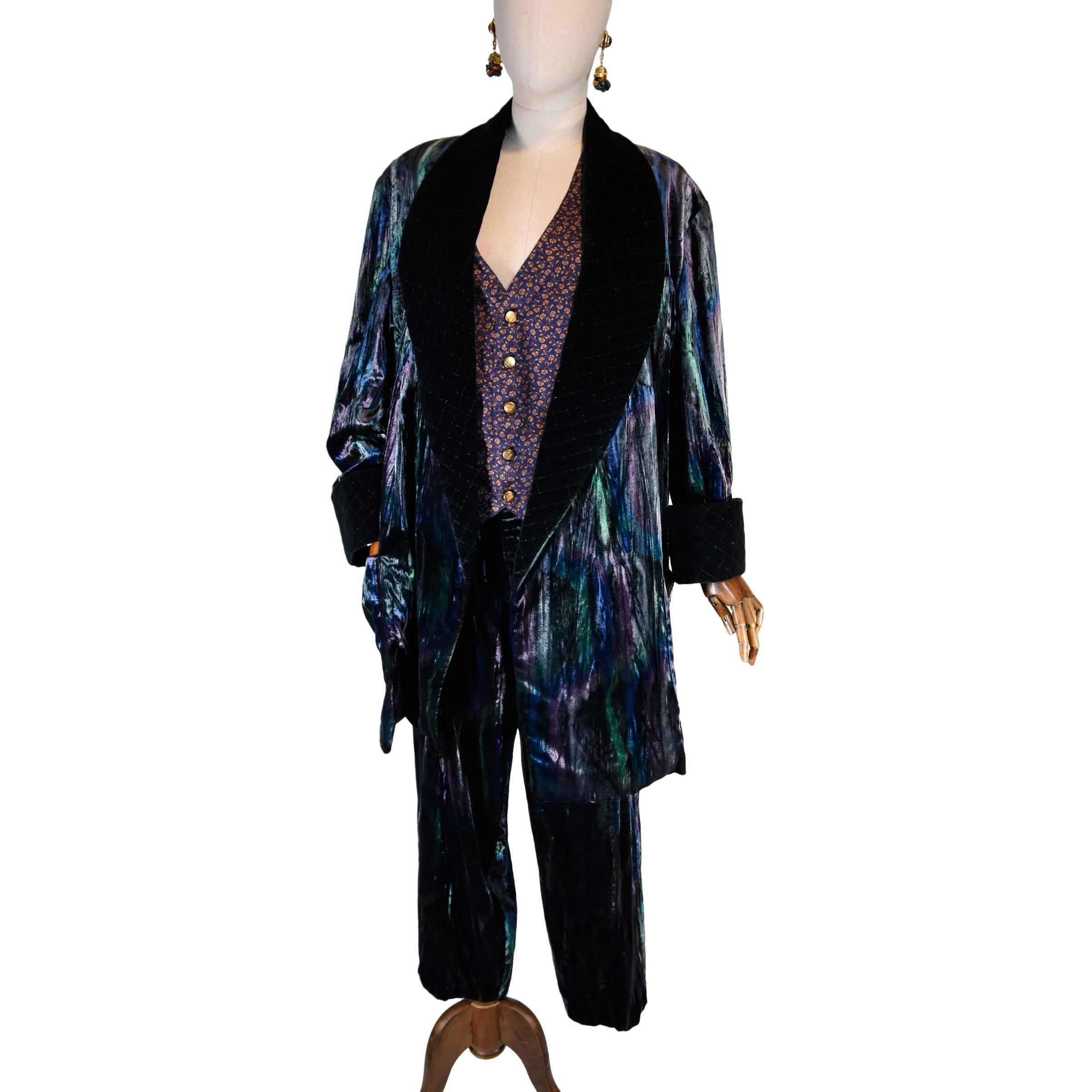 Vintage 80s LANVIN Velvet Suit: Iridescent Oversized Blazer & Wide