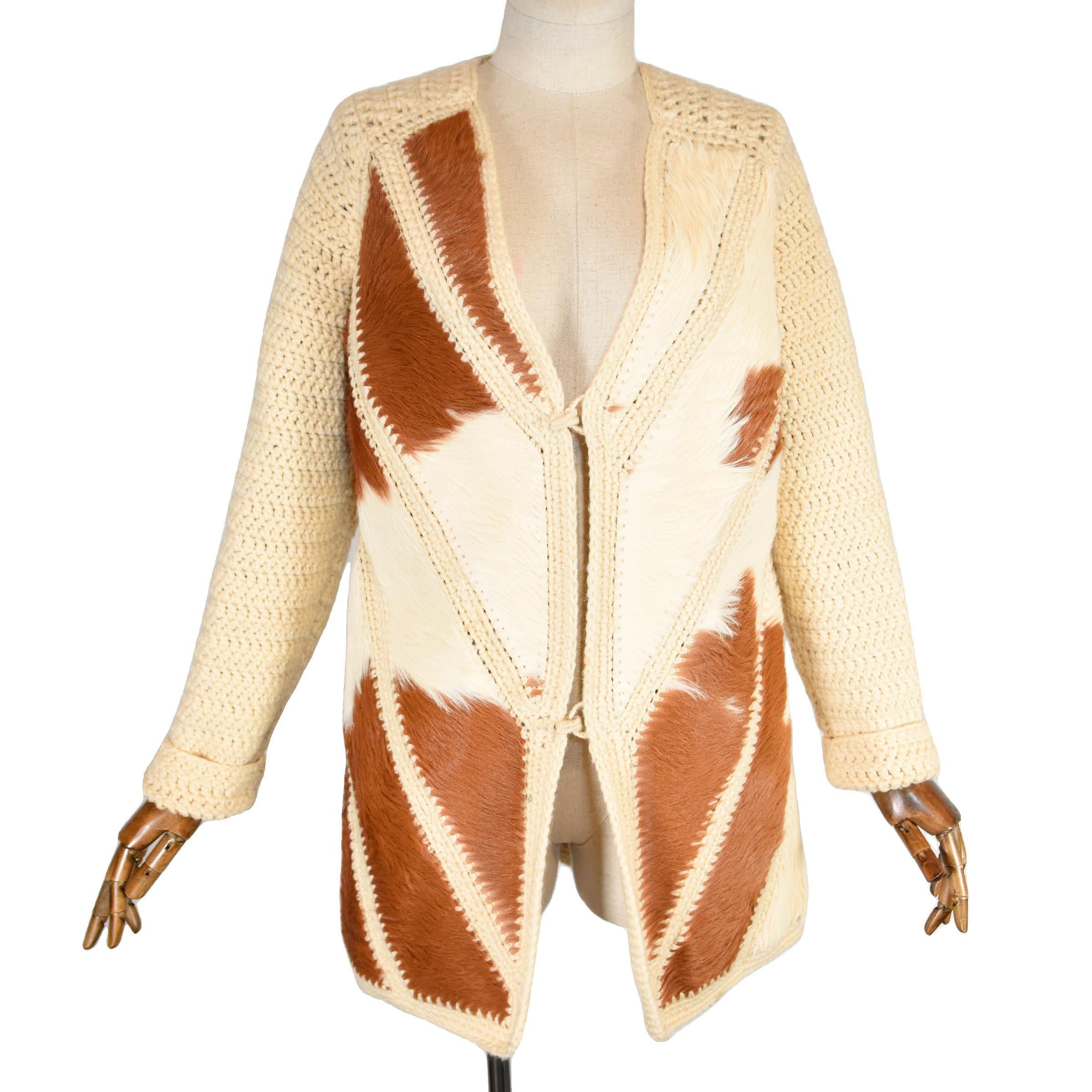 Vintage 70er Jahre Paco Rabanne Strick Jacke: Geometrische Pelz