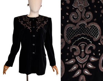 ESCADA vintage velvet blazer, luxurious '90s black spencer with embroidery & sequin details, ESCADA by Margaretha Ley embroidered jacket.