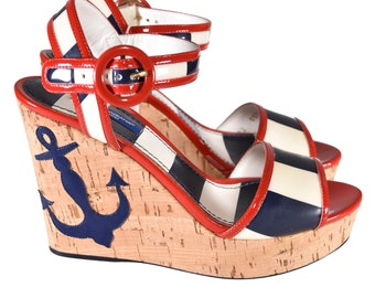 DOLCE GABBANA wedge sandals, nautical style sandals, striped blue and white patent leather sandals, anchor design D&G sandals.