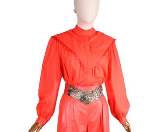 Vintage 70s Red Cotton Blouse, Puff Sleeves, Satin Ribbon Detail