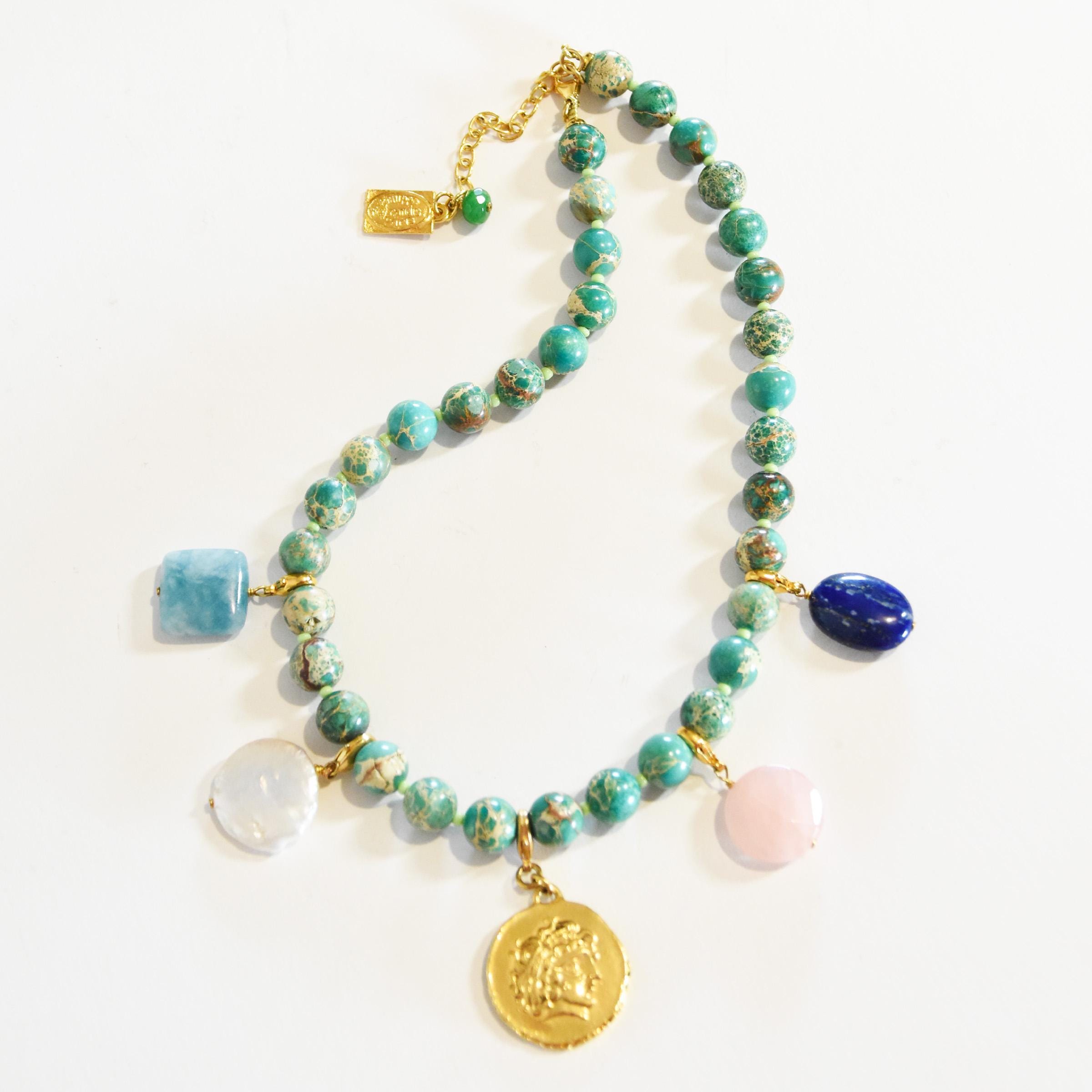 Collier Vintage Turquoise Philippe Ferrandis - Plaqué Or - Taille Ajustable