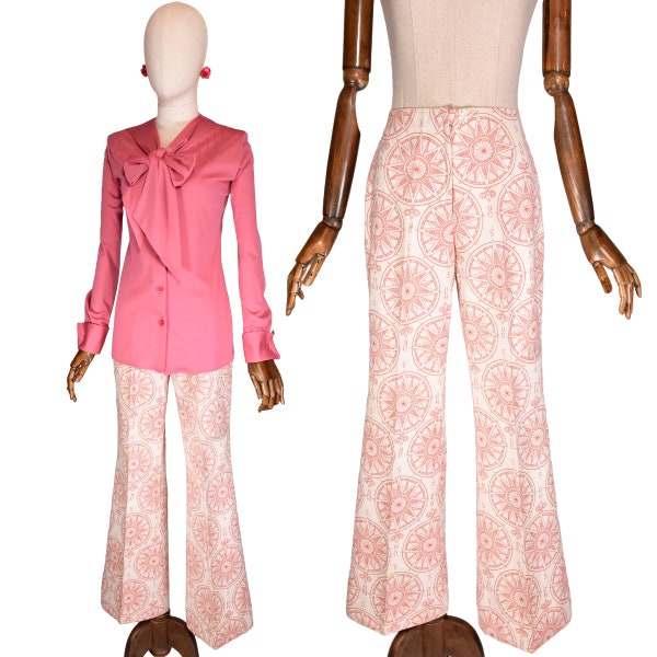 VINTAGE 1970 pantalon évasé, pantalon en coton rose imprimé étoiles, taille XXS
