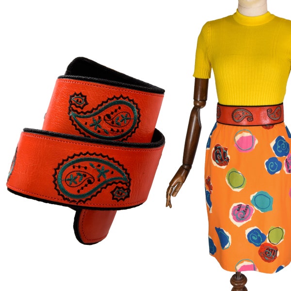 90s EMANUEL UNGARO vintage belt, wide red leather belt with embroidered paisley motifs, UNGARO solo donna large belt.