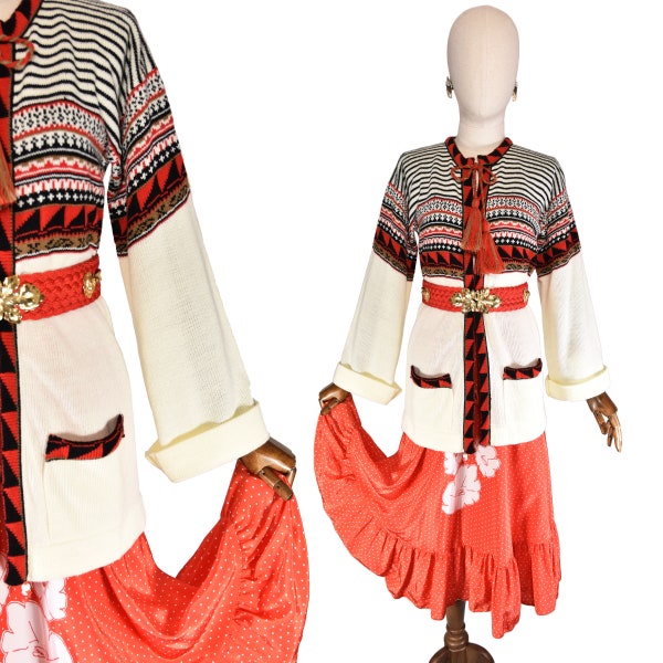 HELEN SUE 70s cardigan en laine avec lien à pompon, veste à manches longues en tricot à motifs rayés avec poches.