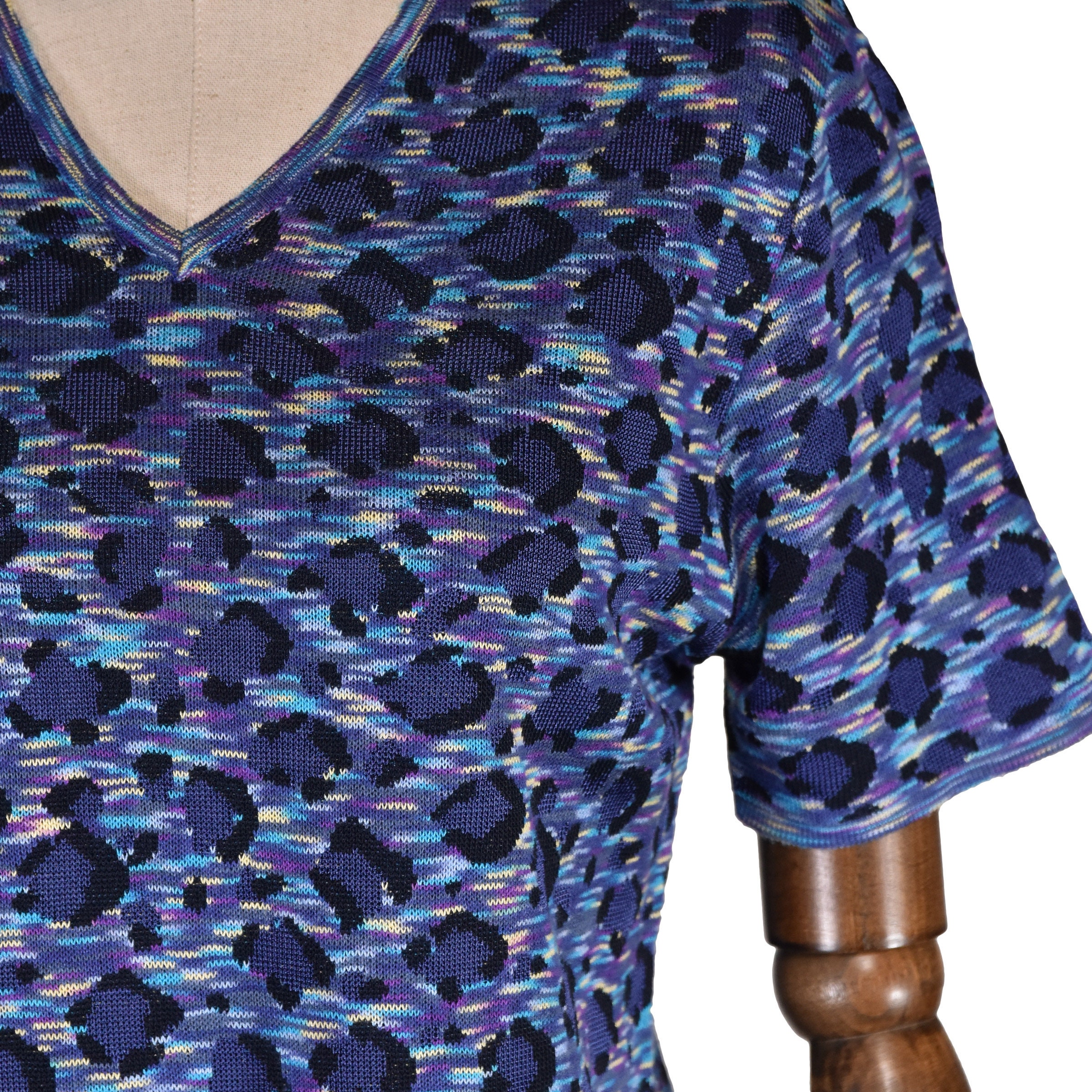 Vintage YSL Knitted Top: 1980s Blue Leopard Print Sweater, Made in