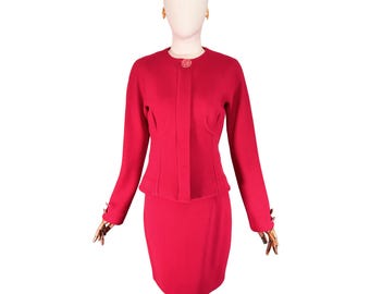 GIANNI VERSACE jaren 90 kastanjebruin wollen kostuum met corseteffect op de achterkant, maat S