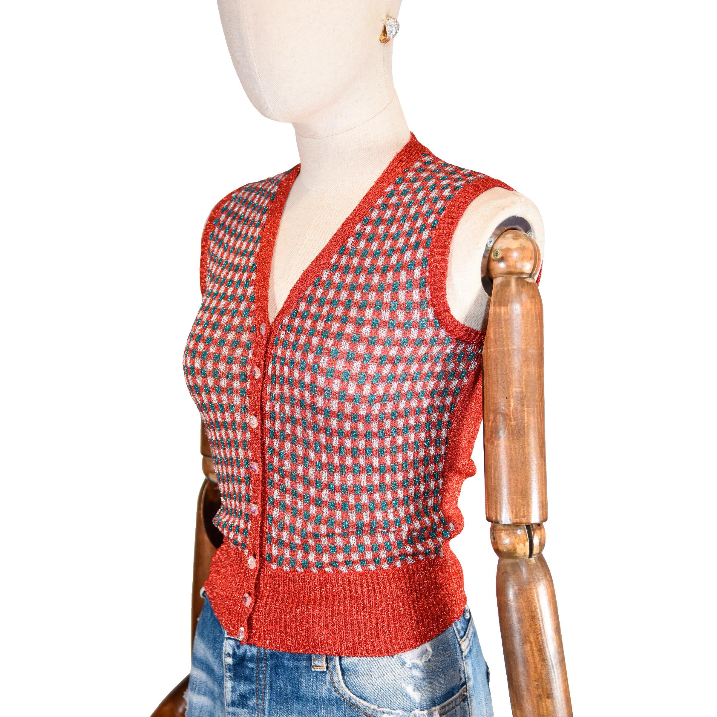 VINTAGE lurex 70s vest, KERMESSE shimmering vest in red, silver and turquoiselurex, retro style checkered lurex vest with crystal buttons.