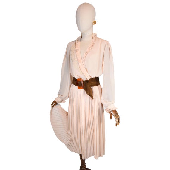knee length dresses for ladies Beige Floral Pleated Chiffon Midi Dress – PinkBlush
