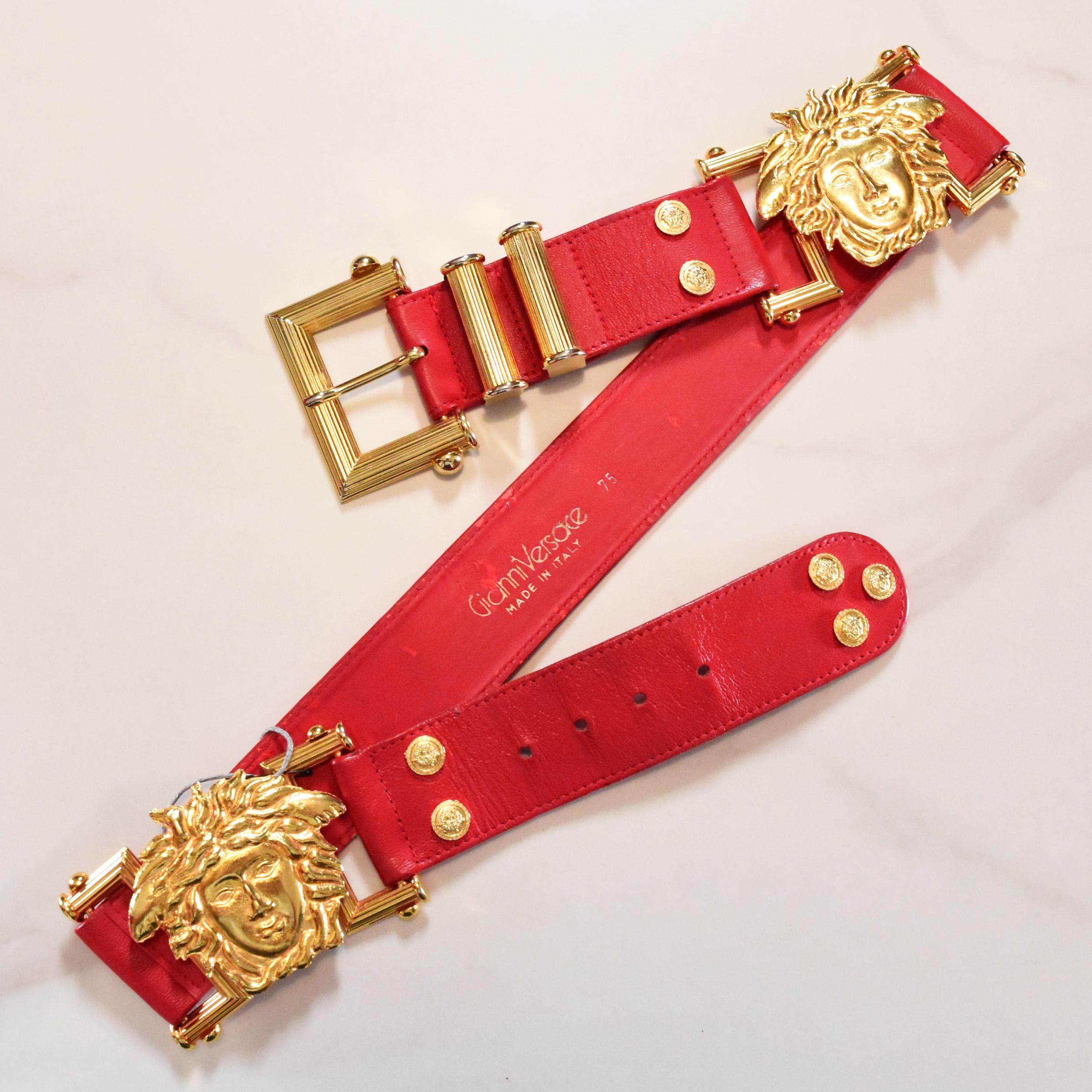 Vintage Gianni Versace Red Crocodile Leather Medusa Belt Gold Buckle Italy Versace Red Leather Medusa Buckle Belt Size 90 CM main image 2