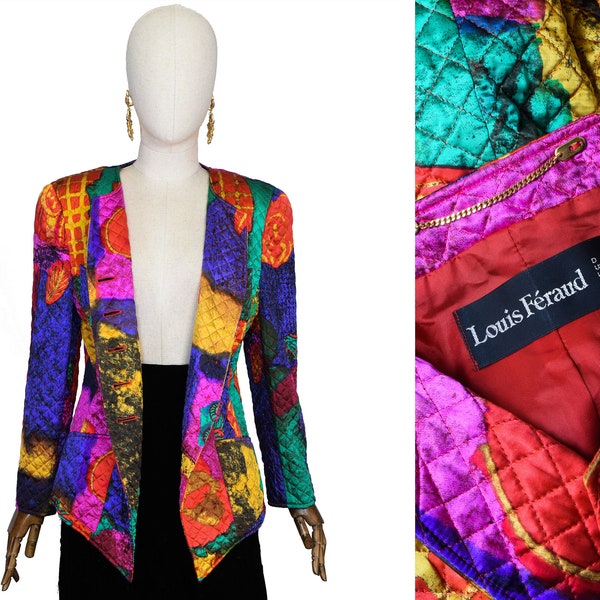 LOUIS FERAUD jacket, vintage 1990s satin quilted jacket, Vintage Louis Feraud silk jacket quilted colorful.