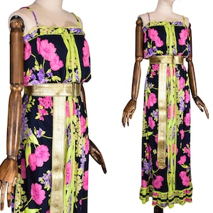 Vintage LEONARD Floral Print Dress in Fluor Tones, long beachwear dress from the 80s, Leonard Paris dress.