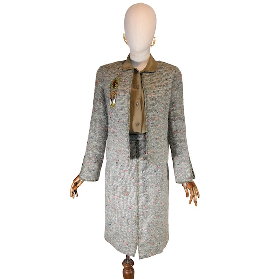 Pierre Balmain vintage skirt suit: khaki green wool blend, size XS