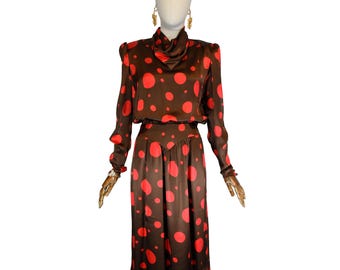 ヴィンテージ VALENTINO サテンドレス：90年代 ブラウン ポルカドット デザイナーズガウン、サイズM