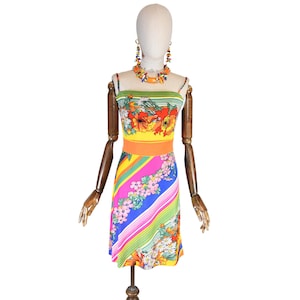 FERRUCCI dress, vintage 70s polyamide dress with vibrant floral stripe print pattern, sleeveless retro 1970s colorful day dress.