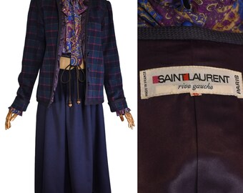 SAINT LAURENT skirt set from the 70s, Yves Saint Laurent Rive Gauche blue checked jacket with navy skirt, matching two-pieces YSL set.