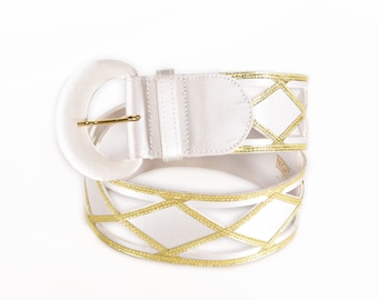90s Valentino Night Belt: White Leather & Gold Satin, Made in Italy, Size 75