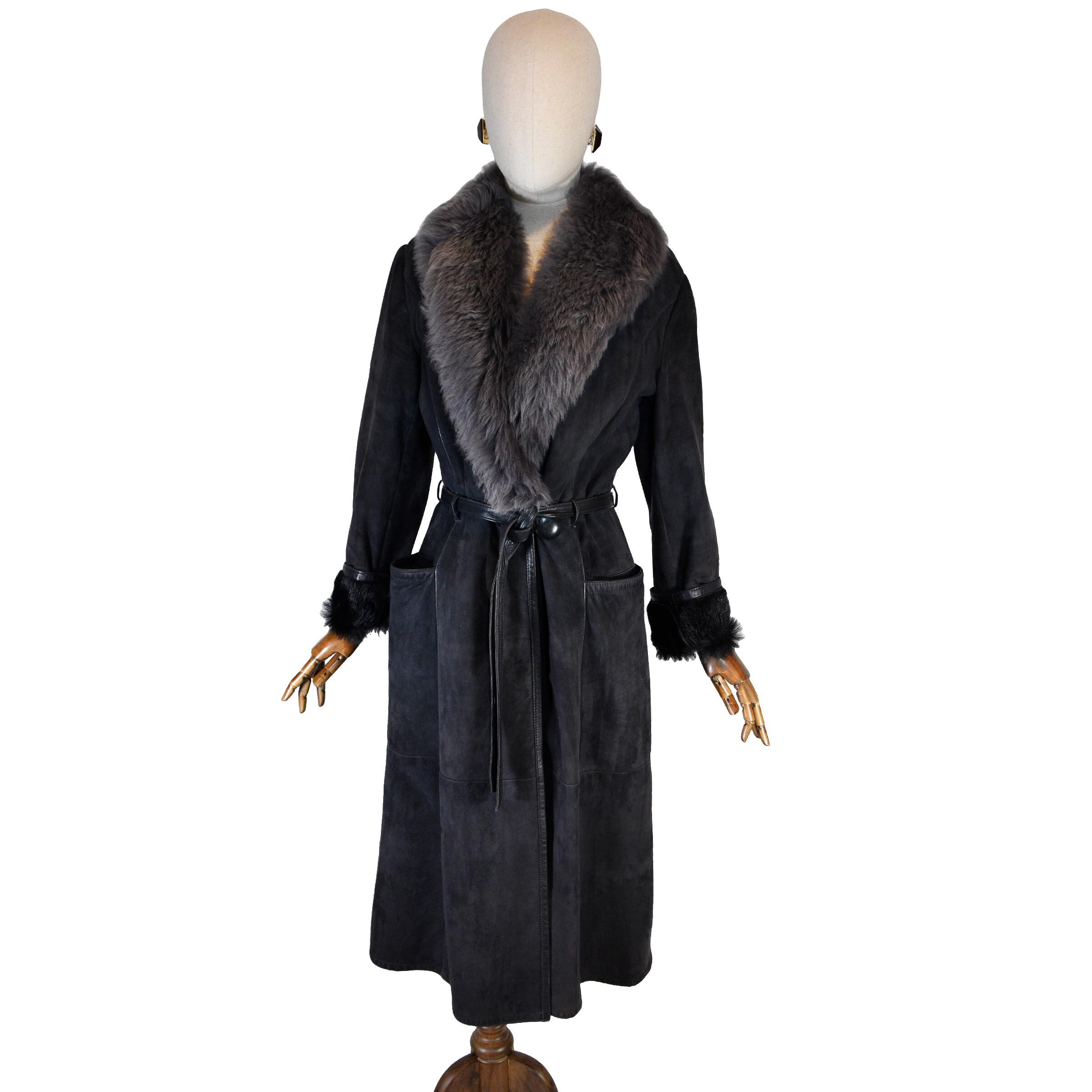 VINTAGE 80s Grey Suede Coat With Mouton Fur Collar, Full Length 