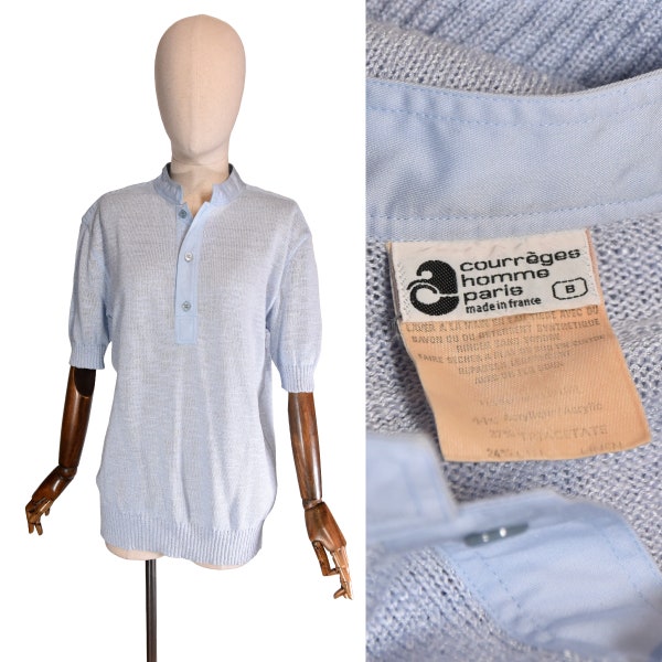 COURREGES vintage shirt, 1970s light blue cotton polo, men's retro shirt, COURREGES homme short sleeve polo, 70s casual elegant polo shirt