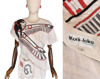 VINTAGE KORII JOKO linen blouse, 80s Egyptian-inspired design top, Korii Joko International embroidered top