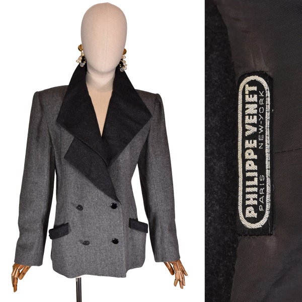 PHILIPPE VENET blazer en laine, veste vintage en laine grise avec boutons métalliques, blazer de créateur des années 1980.