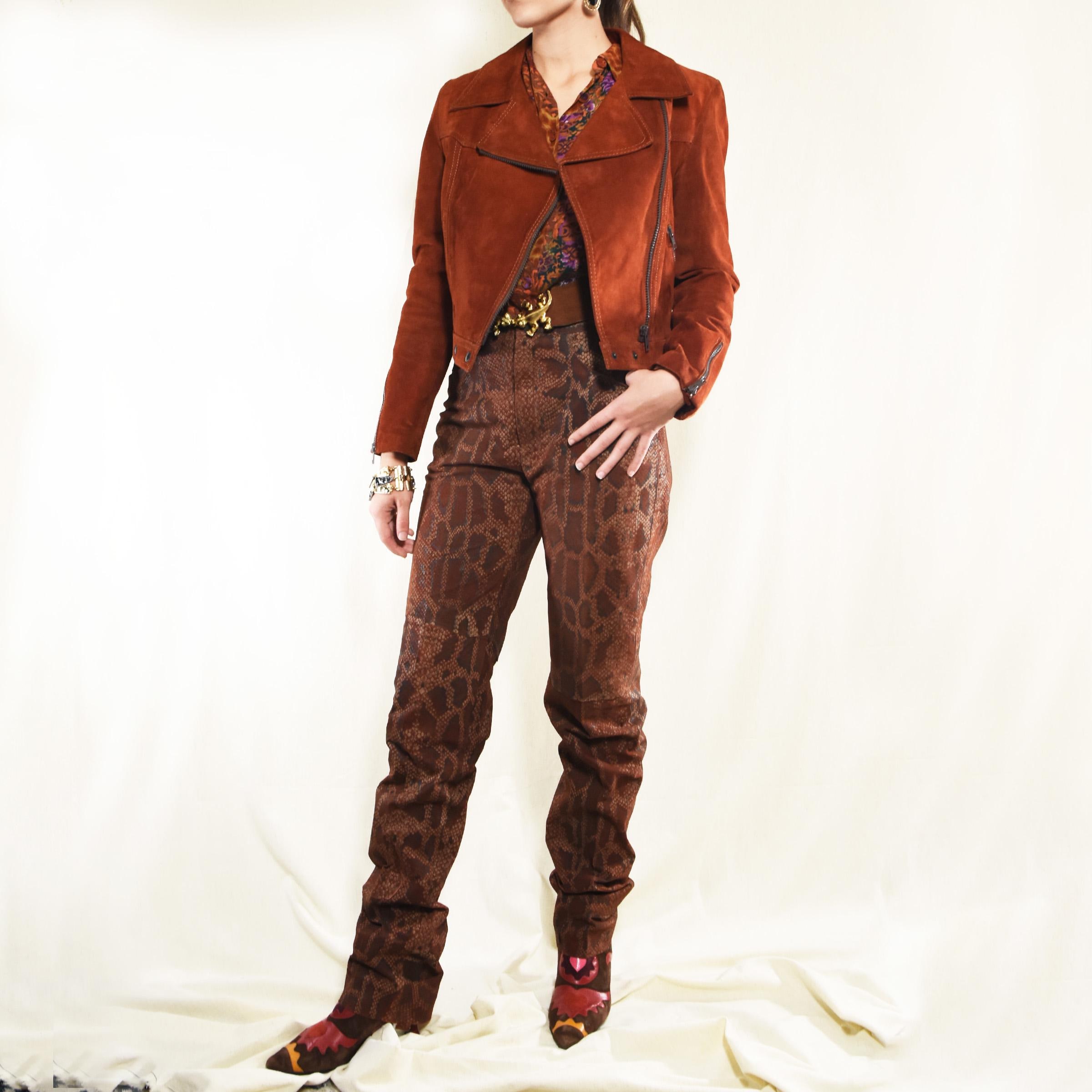 Pantalon Cuir Bordeaux Roberto Cavalli Taille 40 - Motif Croco Gaufré, Fait Main En Italie - Neuf Avec étiquettes