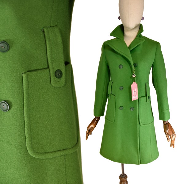 VINTAGE manteau mod des années 1970, manteau en laine verte, manteau de style mod de l'artisanat italien, manteau de tailleur italien.