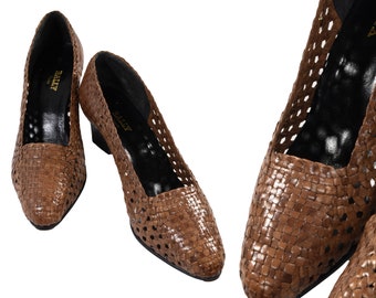 Escarpins vintage BALLY en cuir tressé, talons marron des années 1980 fabriqués en France