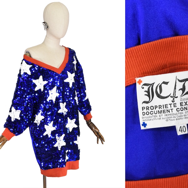 CASTELBAJAC sequined sweater dress,  American flag inspired Jean Charles de Castelbajac V-neck top.
