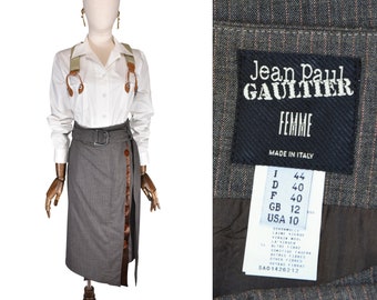 JEAN PAUL GAULTIER skirt, vintage 1990s Gaultier  striped wool skirt, pinstriped skirt, vintage gray wool wrap skirt.