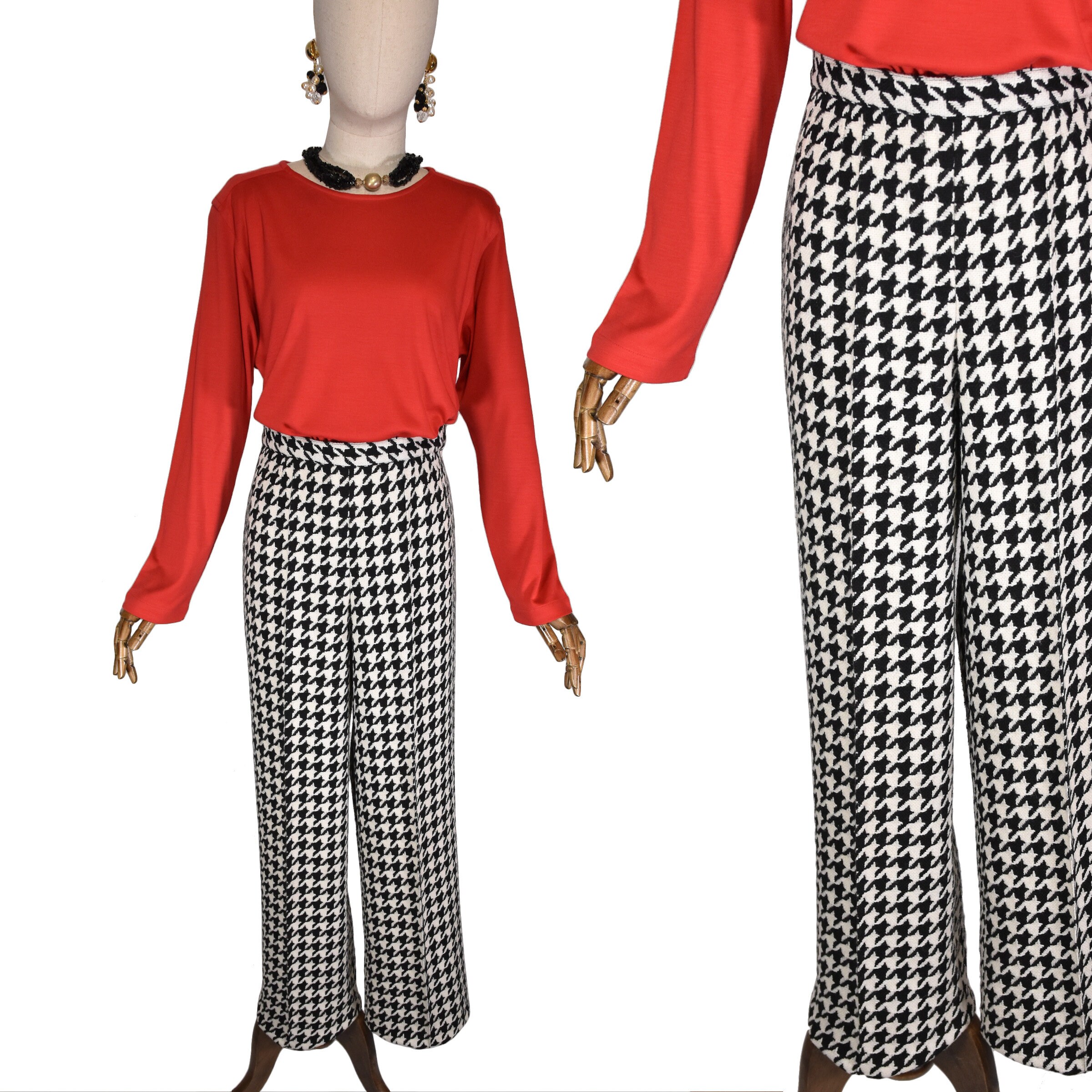 VINTAGE Houndstooth Wool Pants, 90s Custom-made Black and VINTAGE Houndstooth Wool Pants, 90s Custom-made Black and