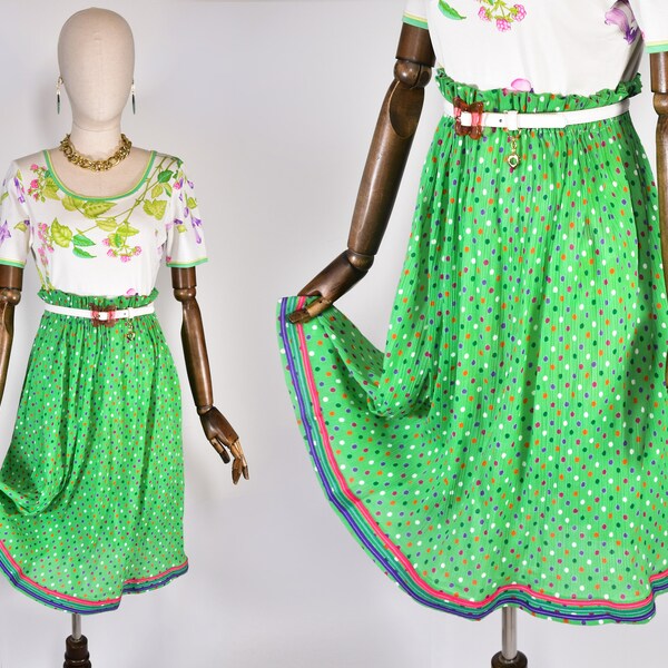 Jupe en coton vintage des années 70, jupe verte à pois colorés avec ceinture élastique et rubans colorés, mode rétro pour femme.