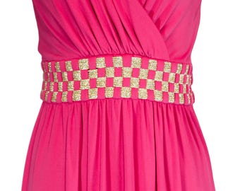 Vintage 70s Azzaro Fuchsia Jersey Dress: Gold Detail Evening Gown Vintage 70s Azzaro Fuchsia Jersey Dress: Gold Detail Evening Gown