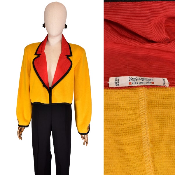 SAINT LAURENT veste en laine jaune des années 1980, veste à revers moiré rouge YSL, cardigan vintage de collection Yves Saint Laurent.