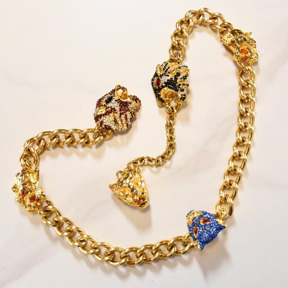 Vintage Versace Gold Chain Belt: Rhinestone Jaguar Heads  display picture 2