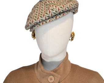 PIERRE CARDIN vintage 70s beret, wool herringbone newsboy cap, beige green brown cap, retro designer warm vintage hat, designer beret.