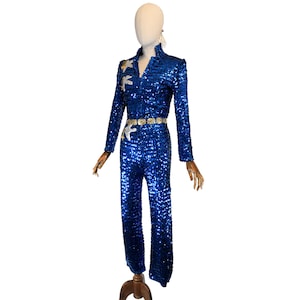 VINTAGE blue sequined jumpsuit from the 70s, spectacular disco glam party jumpsuit with bird appliqués and gold tassels.